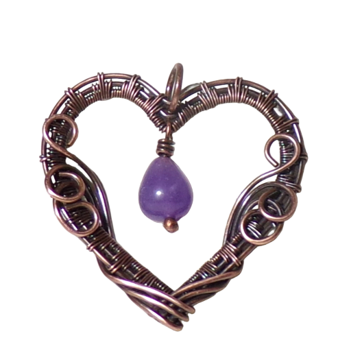 Copper Filigree Heart with Lavender Jade. This pendant features a nice wire weave and swirls and a real, natural purple jade focal bead.