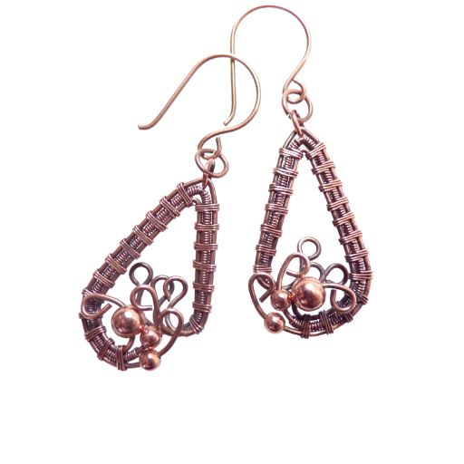 Copper Filigree Teardrop Earrings with 3 Beads, Oxidized Weave for Depth and Highlights, Valentine Gift, Christmas Gift, Made in the USA!