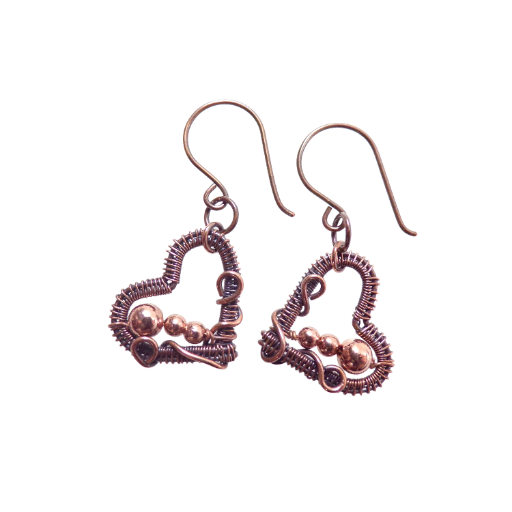 Copper Heart Earrings with 3 Nontarnish Beads, Oxidized Wire Weave for Depth and Highlights, Valentine Gift, Birthday Gift, Made in the USA!