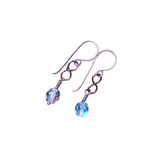 Fire Polished Faceted Czech Rainbow Beads Infinity Earrings with Handmade Copper Ear Wires. These dangles sparkle with a Diamond like shine.