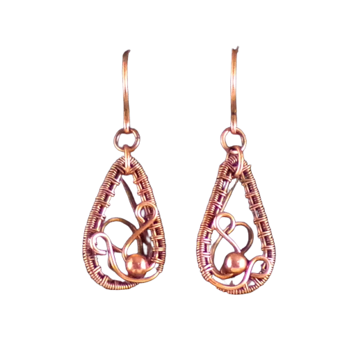 Copper Filigree Drop Earrings with 1 Large Bead, Oxidized Weave for Depth and Highlights, Valentine Gift, Birthday Gift, Made in the USA!
