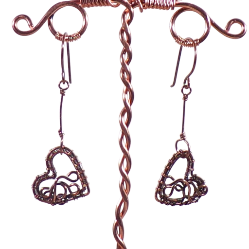 Woven Copper Filigree Heart Earrings, 2 Inch Drop, Oxidized Weave for Depth and Highlights, Valentine Gift, Birthday Gift, Made in the USA!