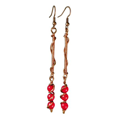 Fun Copper Earrings. Wrapped Coils Accented with Red Ceramic 'Stone' Beads. Copper and Red Dangles, Party Time Earrings, Handmade in the USA