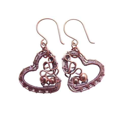 Copper Filigree Heart Earrings with 2 Beads, Oxidized Weave for Depth and Highlights, Valentine Gift, Romantic Jewelry, Made in the USA!