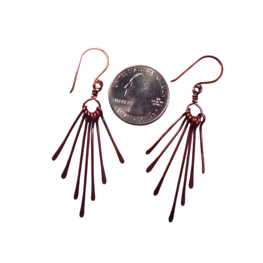 Copper Tassel Earrings, Fringe Earrings, Copper Turkey Feather Earrings, Hammered Copper, Handmade in the USA of Pure Copper Wire.