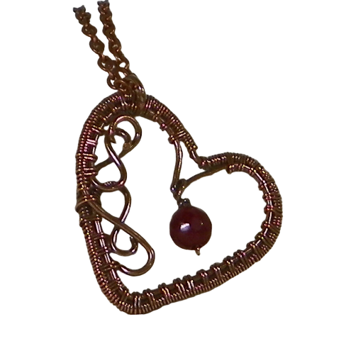 Copper Filigree Heart with Genuine Ruby Dangle, Wire Weave Handmade Jewelry Pendant. Also fits on a Bookmark Stem for a Romance Book Lover.