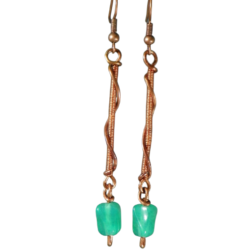 Copper and Blue-green Sexy Earrings. Copper Wire Coils Accented with Wrapped Copper and Pretty Blue-green Beads, Handmade in the USA