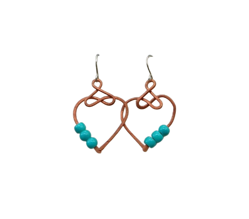 Hammered Copper Celtic Heart with Turquoise Blue Beads Earrings, Made in the USA