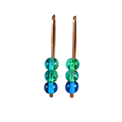 Copper, Blue fading to Green Earrings, Hammered Copper Ear-threaders, Minimalist Handmade Copper Earrings, Made in the USA
