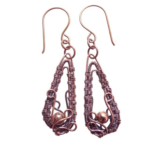 Copper Filigree Teardrop Earrings with Large Bead, Oxidized Weave for Depth and Highlights, Valentine Gift, Christmas Gift, Made in the USA!