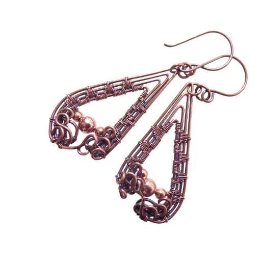 Copper Filigree Teardrop Earrings with 3 Beads, Oxidized Weave for Depth and Highlights, Valentine Gift, Christmas Gift, Made in the USA!