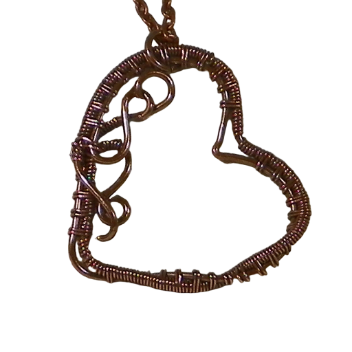 Twisted Heart Filigree Pendant. Copper wire weave and romantic swirls. Makes a nice birthday, Christmas, or Valentines gift. USA handmade.