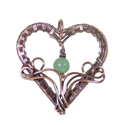 Copper and Jade Filigree Heart, "Riding the Waves" features a nice wire weave and swirls and a real, natural green Jade focal bead.