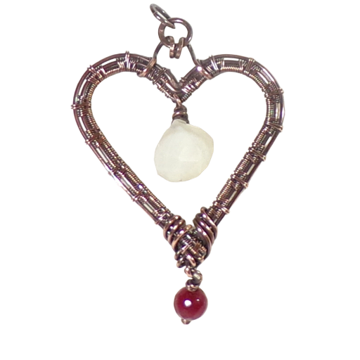 Romantic Ruby and Moonstone Copper Filigree Wire Weave Heart with Real, Natural Moonstone and Ruby Drops. Handmade in the USA.
