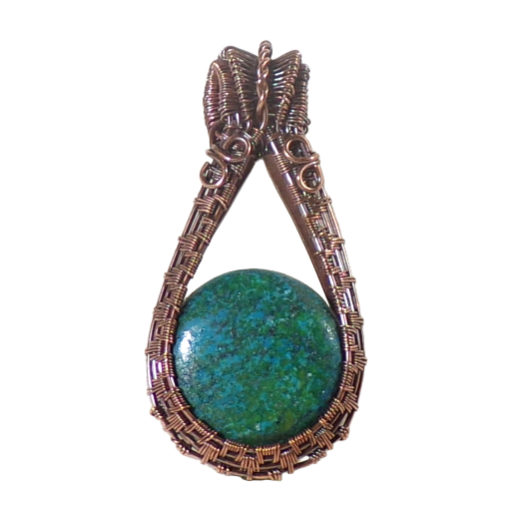 Copper Weave Drop Pendant features a Serpentine/Quartz Disk. Handmade from 99.9% Pure Copper, the Oxidized Weave is Intricate & Interesting.