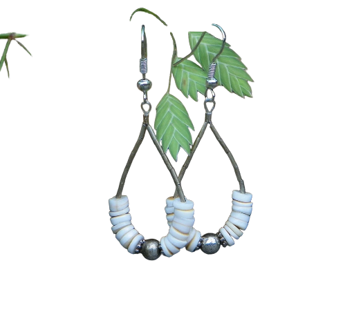 Shell Heishi Liquid Silver Earrings, Simple but Eye-catching with Antique Sterling Dangle Earrings, Handmade in the USA