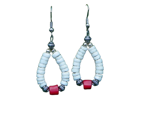 Heishi, Coral, Silver Earrings. Drop shaped dangles highlighted with bright red coral and fancy silver beads. Pretty and interesting.