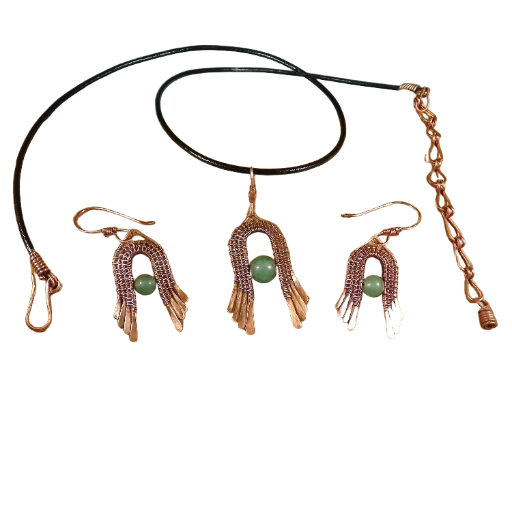 Jade and Copper Weave Earrings and Pendant Set, Handmade Woven Copper Wire Earrings/Pendant Set with Jade Beads, Made in the USA