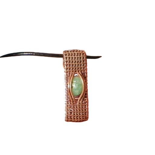 Copper Wire Weave and Aventurine Pendant. Hand Woven Copper Featuring a Natural Aventurine Cab in a Channel Setting, Handmade in the USA