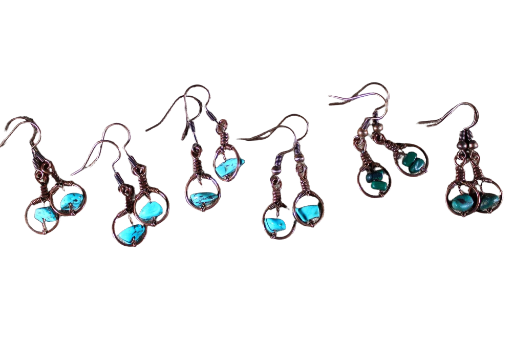 Turquoise earrings, wrapped loops with real stones. Pick your favorite: Blue or Green Turquoise, all hand forged pure copper made in the USA