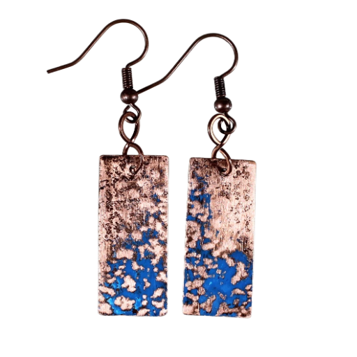 Blue Patina Copper Earrings. Hammered and treated to produce a beautiful blue patina, then sealed so it stays that way. USA Handmade.