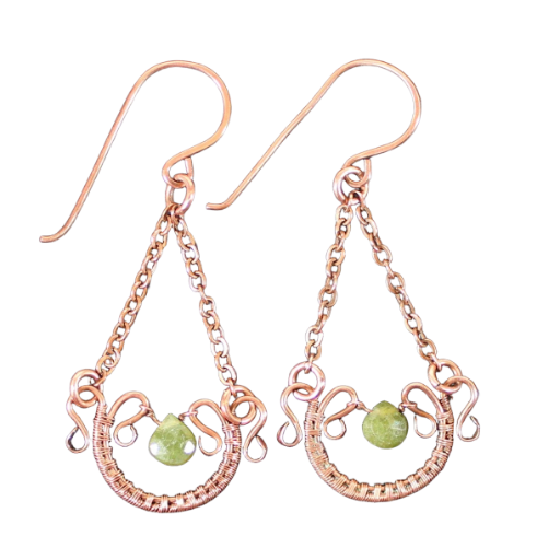 Copper & Peridot Earrings, Woven and Hammered Copper Dangles with an exotic Peridot Briolette, Handmade in the USA