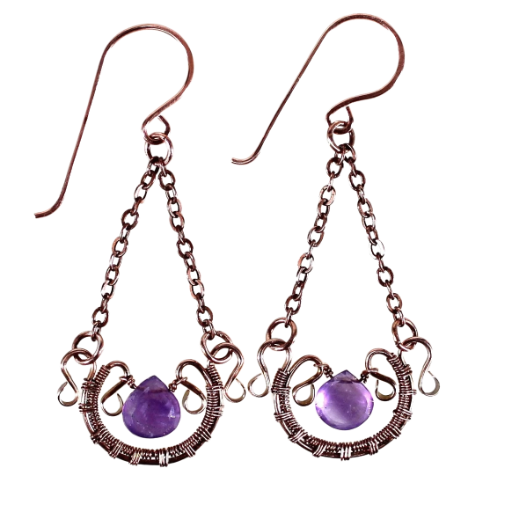 Copper & Amethyst Earrings, Woven and Hammered Copper Dangles with an eye-catching genuine Amethyst Briolette, Handmade in the USA