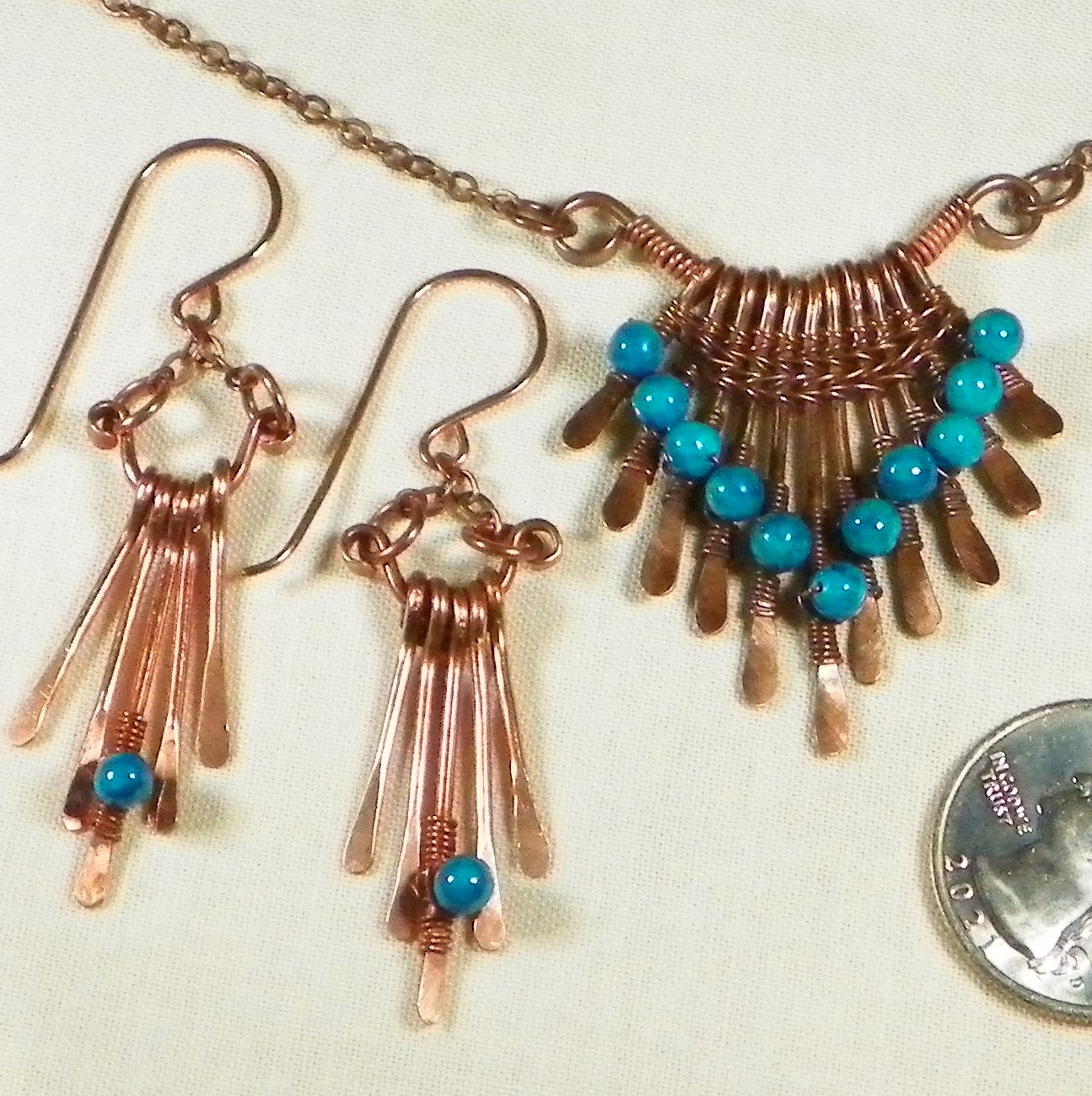 Hammered Copper and Navajo Blue Beads Pendant and Earring Set. Handmade in the USA with 99.9% Pure Copper Wire.