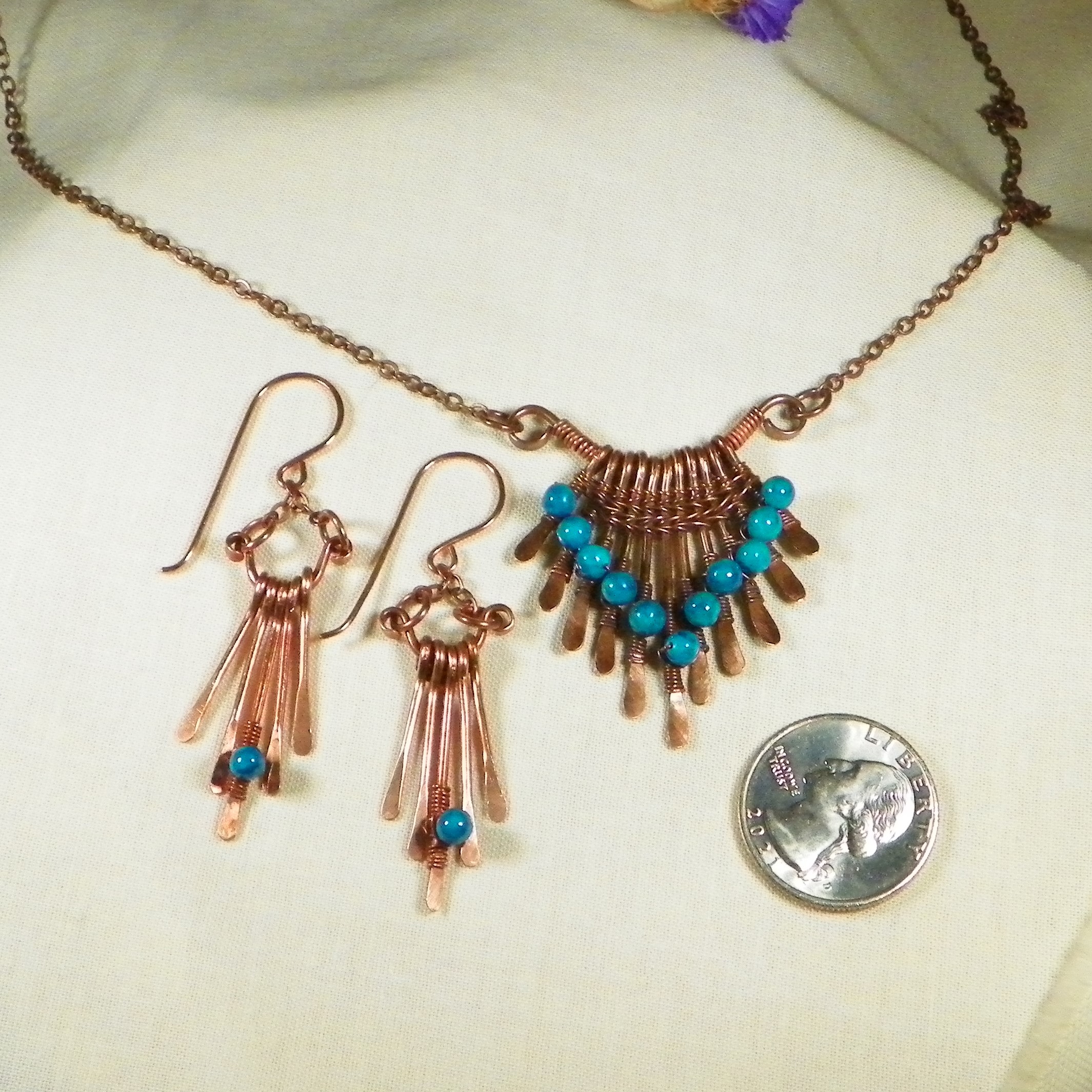 Hammered Copper and Navajo Blue Beads Pendant and Earring Set. Handmade in the USA with 99.9% Pure Copper Wire.