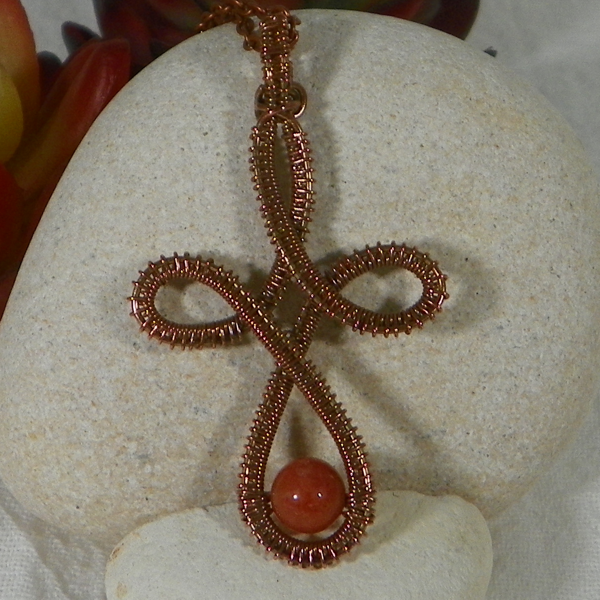 Celtic Cross Pendant in Copper and Gemstone or Shiny Copper Beads