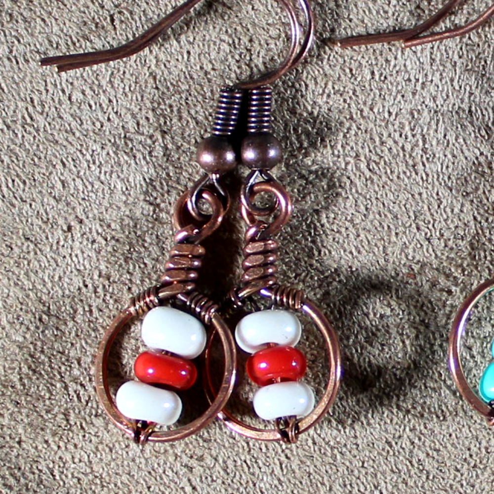 Bead earrings, wrapped copper loops with colorful beads. Pick your favorite, all hand forged pure copper, handmade in the USA