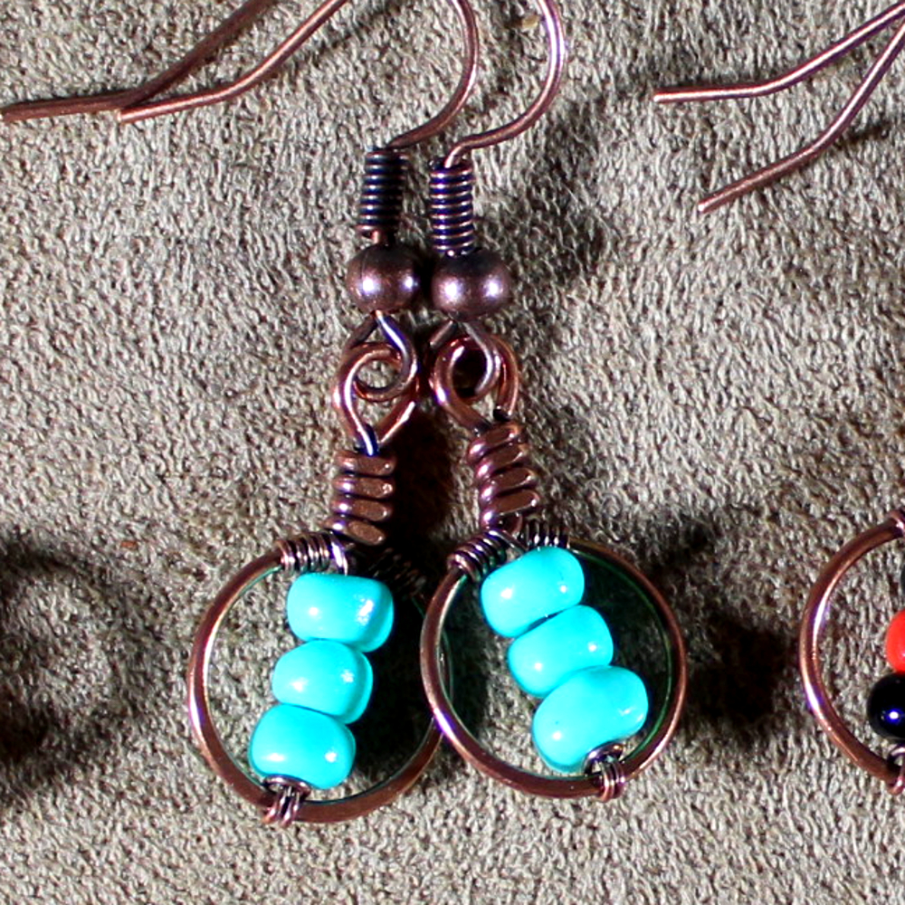 Bead earrings, wrapped copper loops with colorful beads. Pick your favorite, all hand forged pure copper, handmade in the USA
