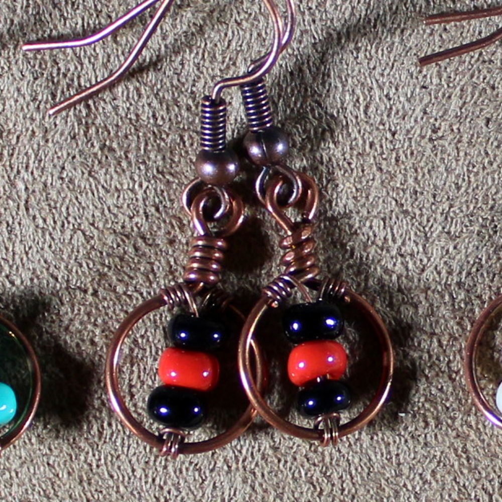 Bead earrings, wrapped copper loops with colorful beads. Pick your favorite, all hand forged pure copper, handmade in the USA