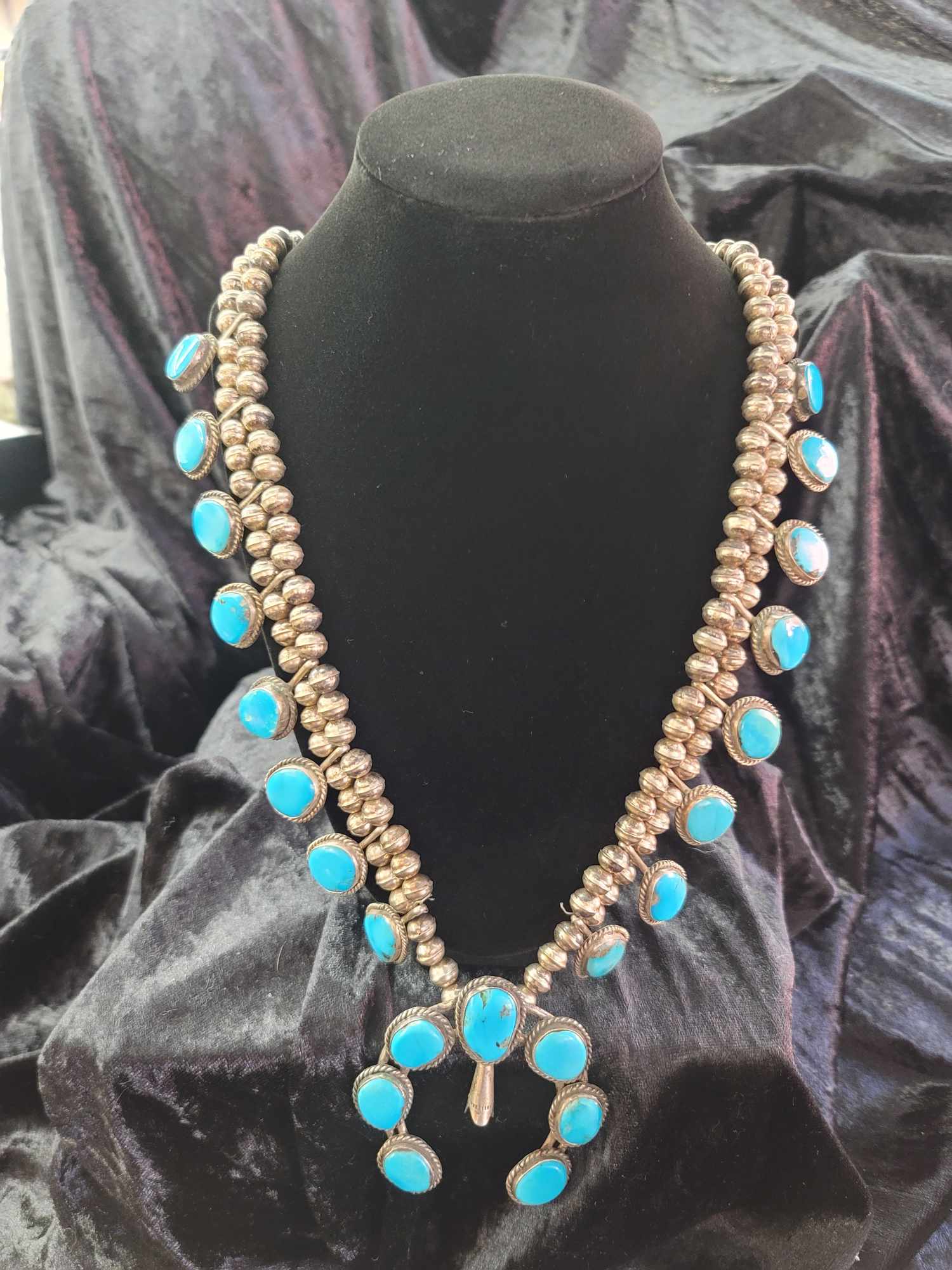 Old Pawn, Turquoise, Silver Beading and Squash Blossom