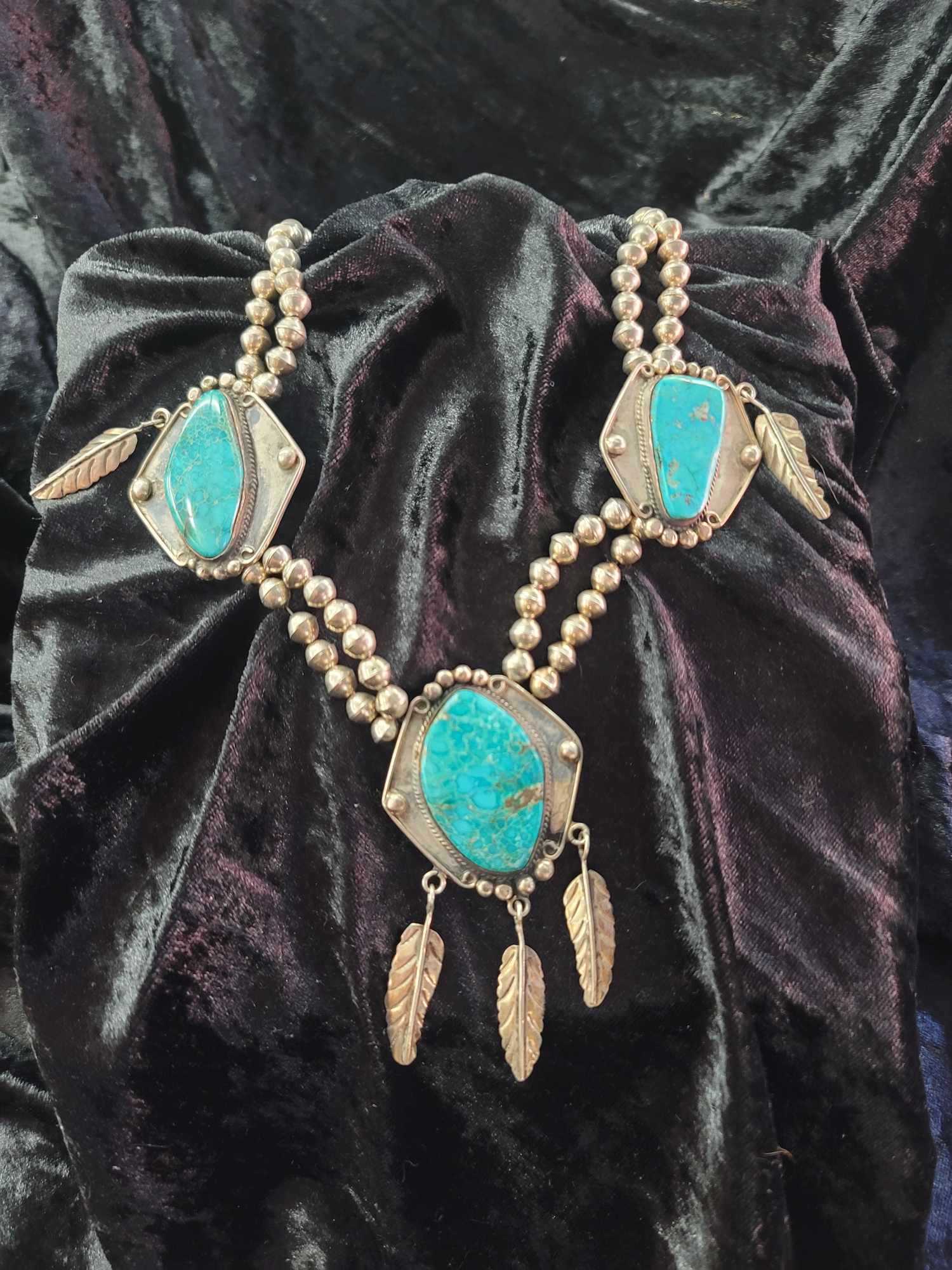 Real Turquoise and Silver Feathered Necklace