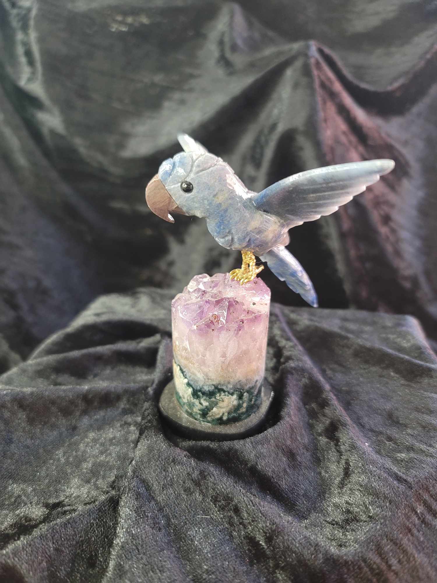 Blue Aventurine Carved Bird on Amethyst Figurine