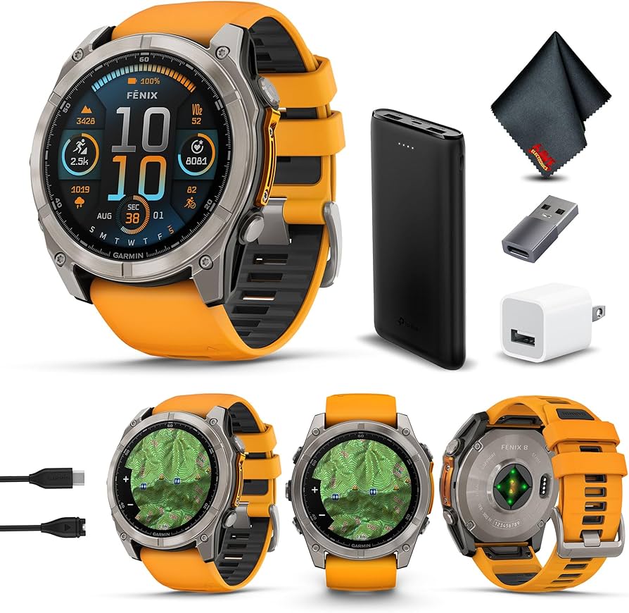 armin Fenix 8 51MM AMOLED Sapphire Multisport GPS Smartwatch Titanium with Spark Orange/Graphite Silicone Band, Built-in LED Flashlight, Health & Fitness Smart Watch Bundle for Men & Women