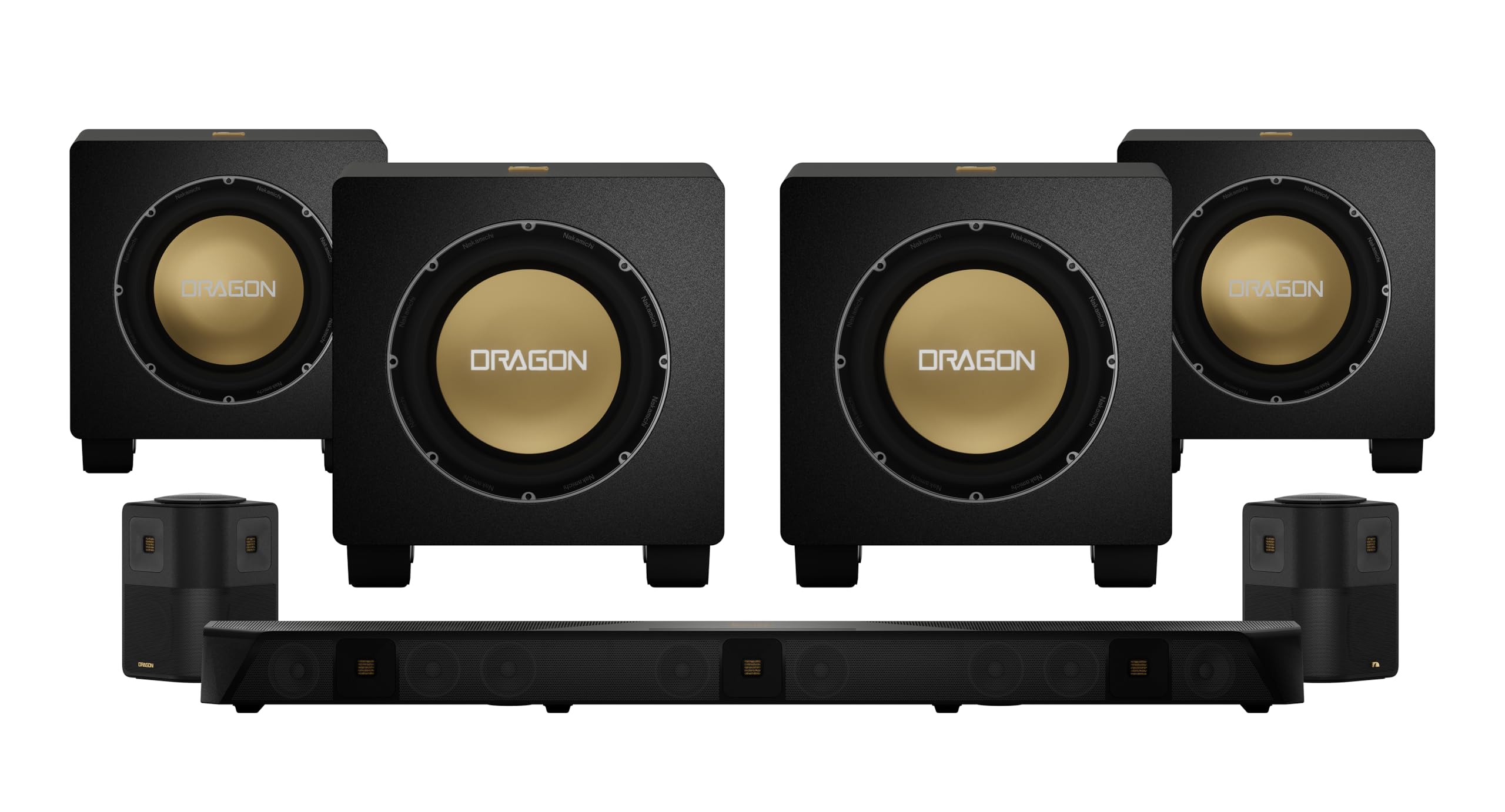 Nakamichi Dragon Home Surround Sound System with Quad 12" Subwoofers, Dolby Atmos and DTS:X Pro. Soundbar Meets AV Receiver