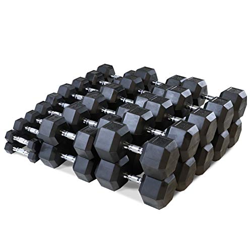 WF Athletic Supply Rubber Coated Hex Dumbbell Set, Multiple Choices Available - Dumbbells with Rack Stand and Mat, or Dumbbells Only (200/550/1200/2100/3000 LB)