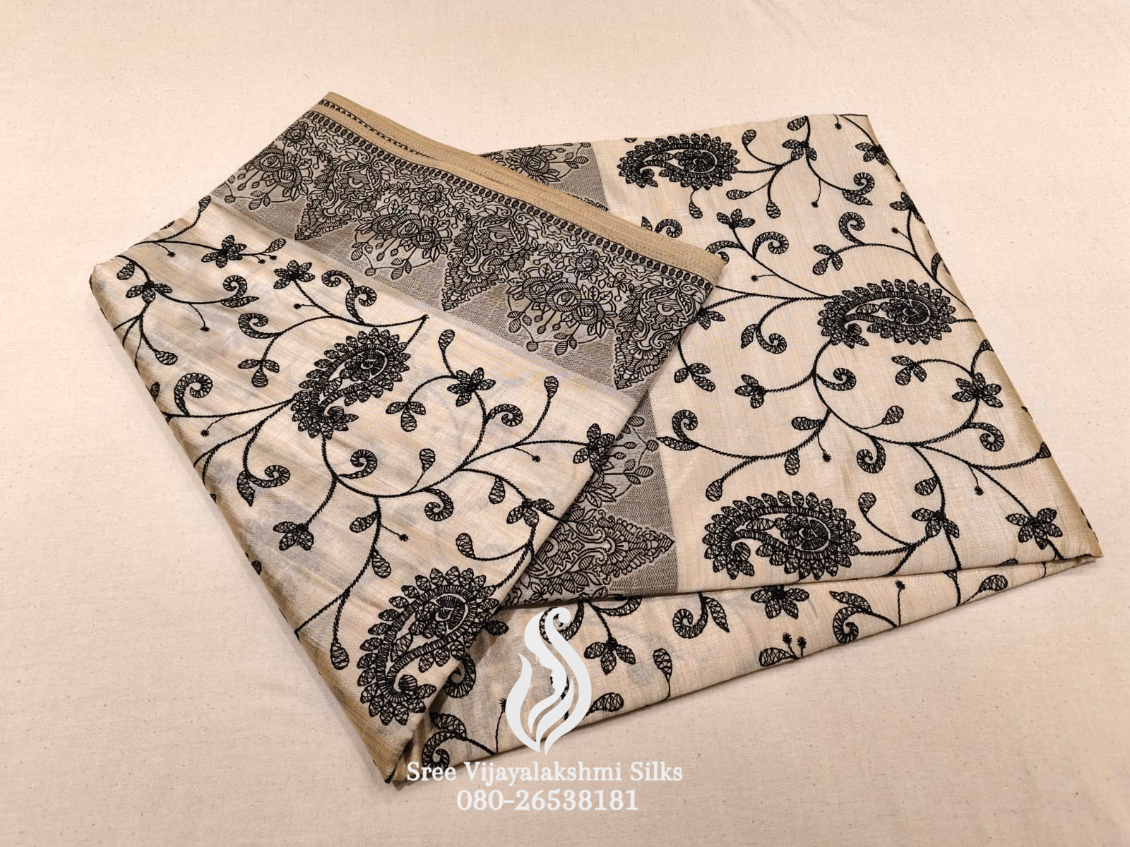 Saree with Black Floral Embroidery