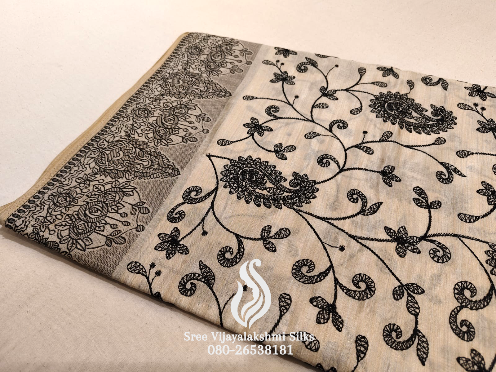  Saree with Black Floral Embroidery