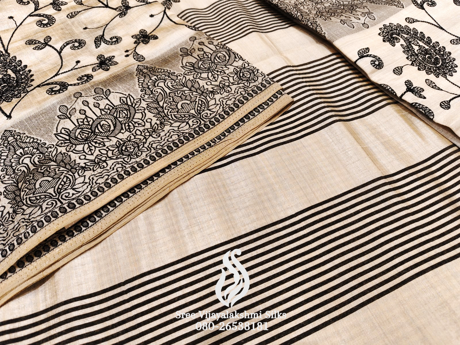  Saree with Black Floral Embroidery