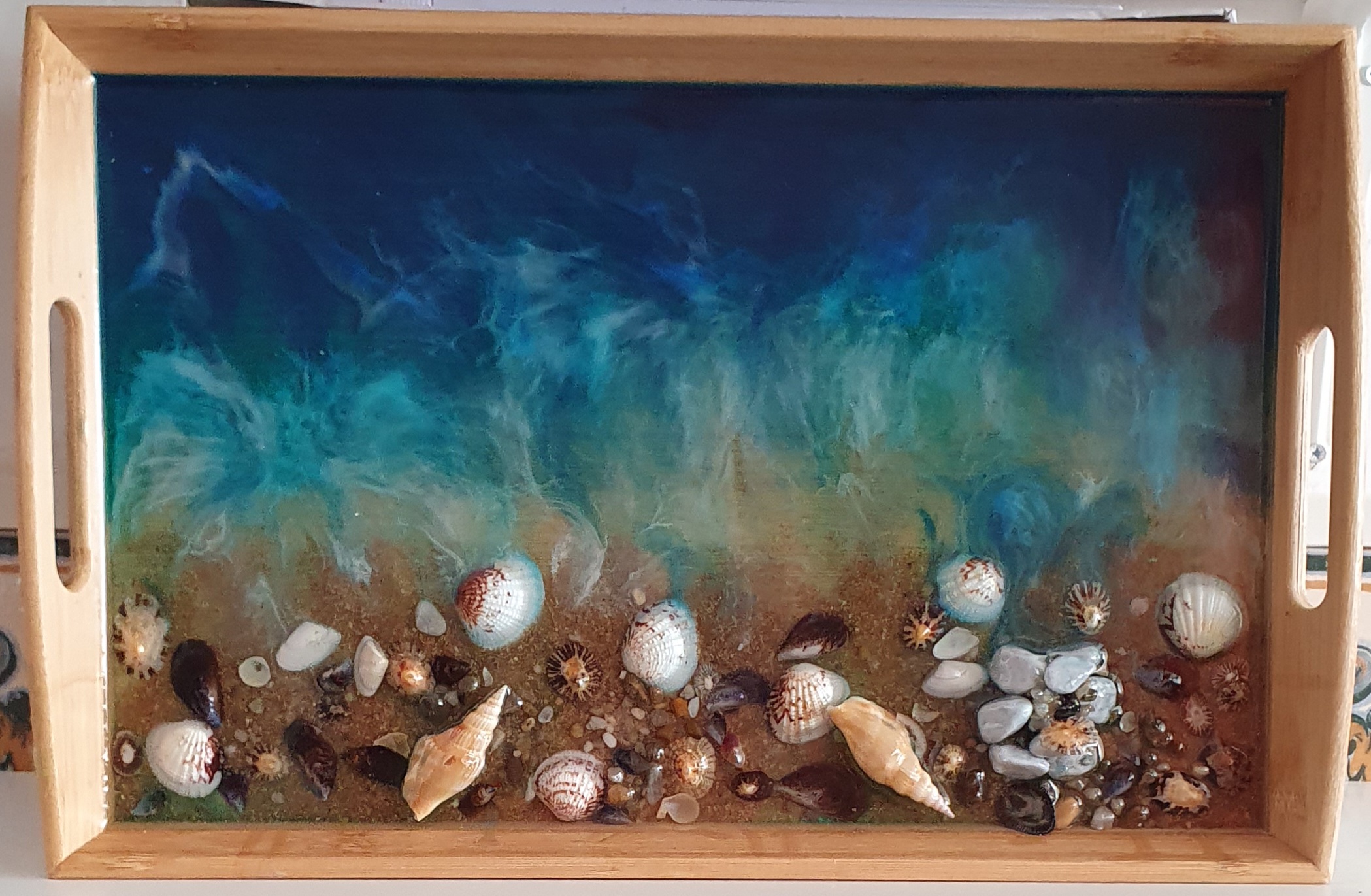 Tabuleiro madeira efeito mar em resina epoxi