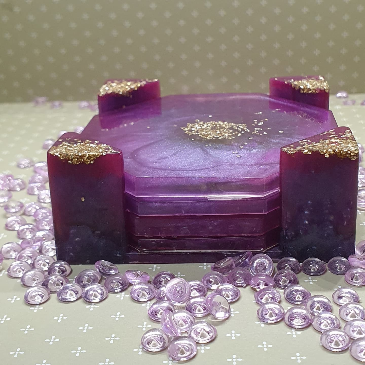 Suporte + 4 Bases para copos roxa com glitter