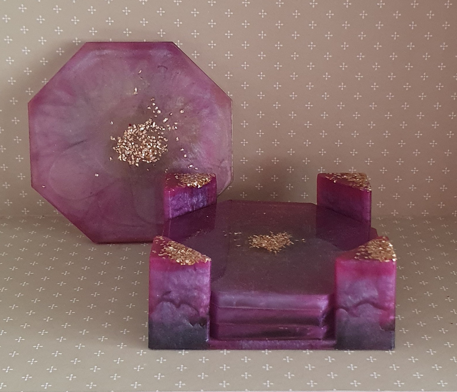 Suporte + 4 Bases para copos roxa com glitter