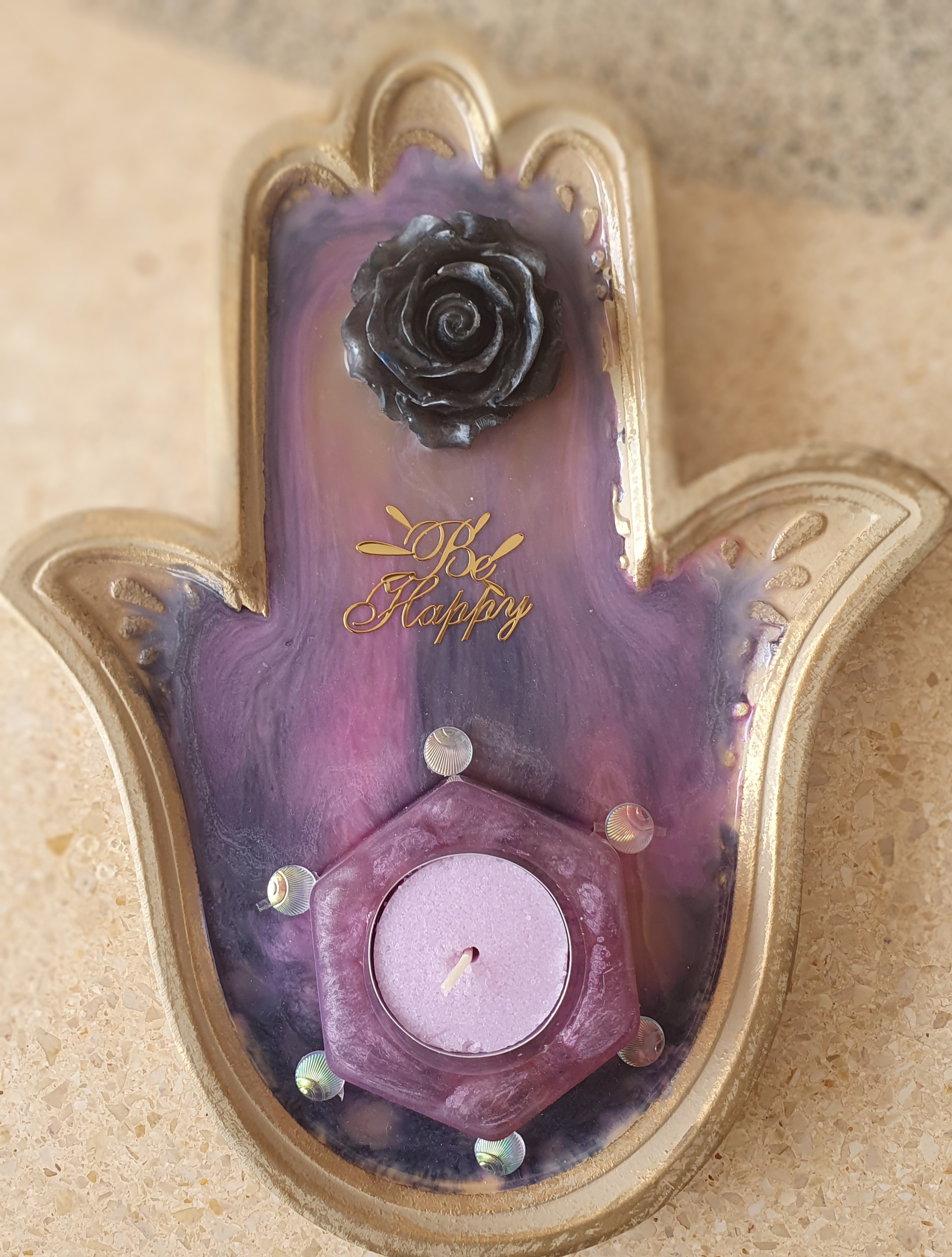 Porta-vela em Resina com Decoração de Mão