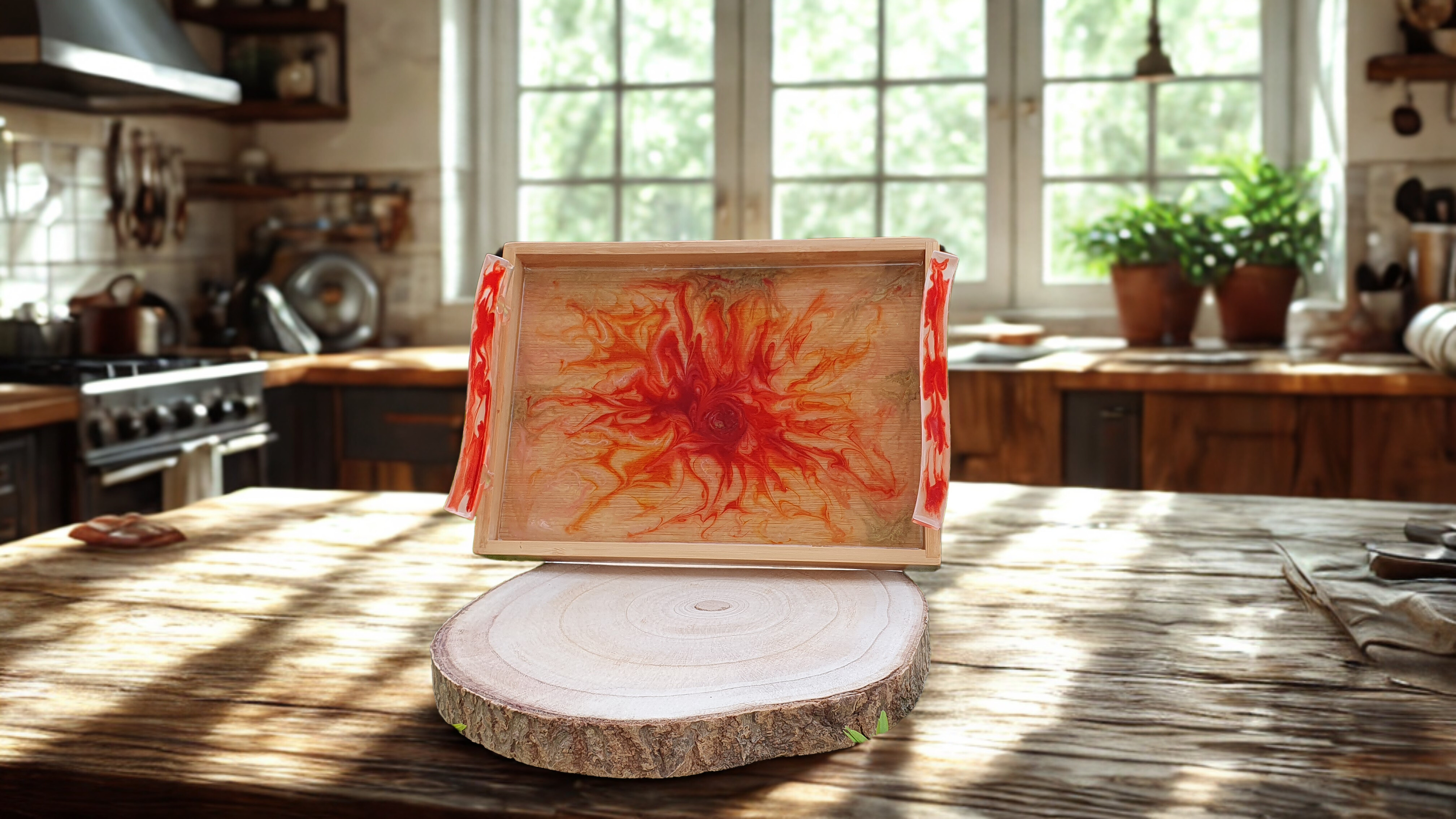 Bandeja de bambu com design artístico