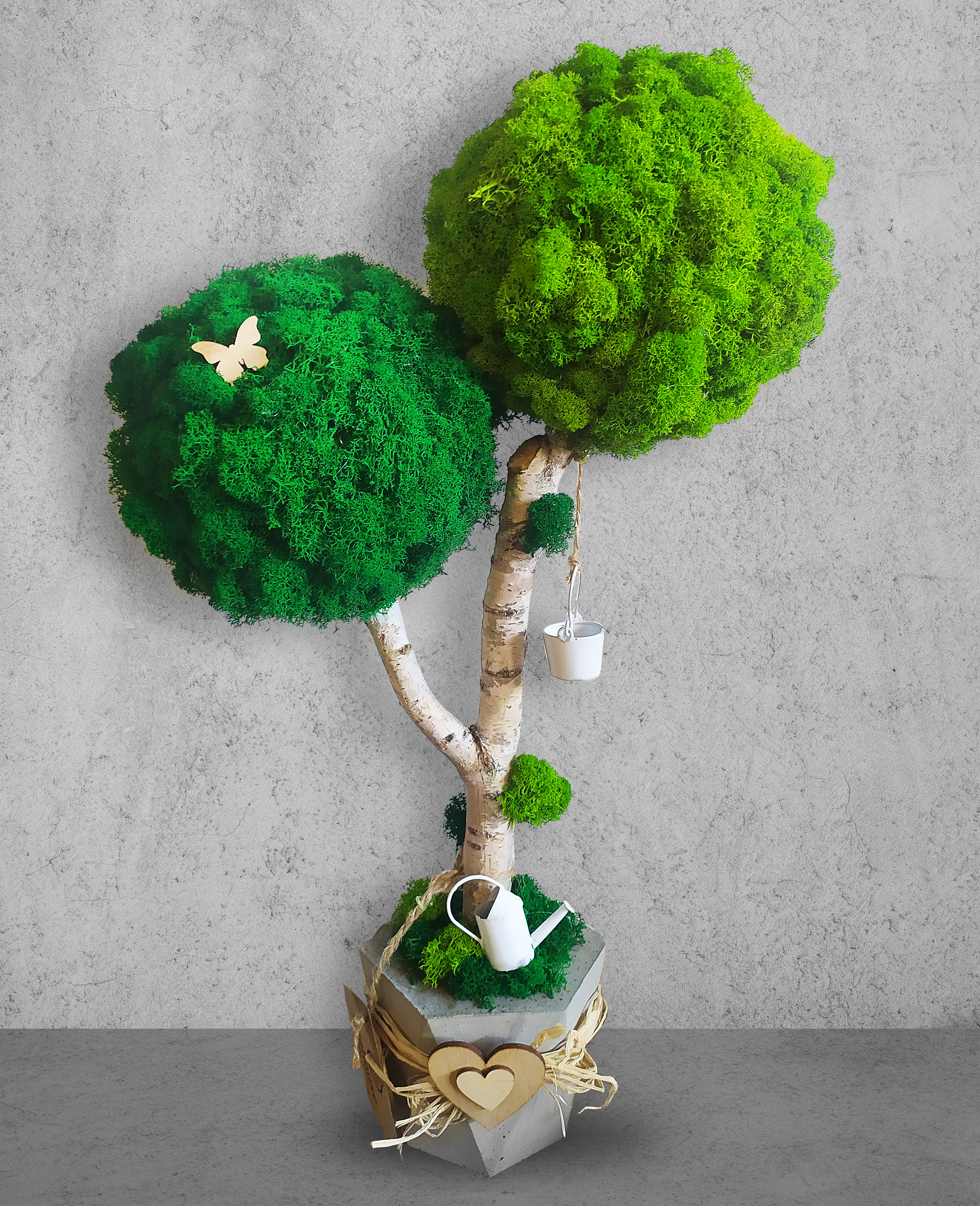 Podwójne drzewko z mchu w betonowej donicy