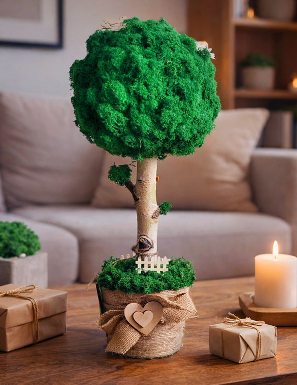 Duże drzewko z mchu w jutowej donicy