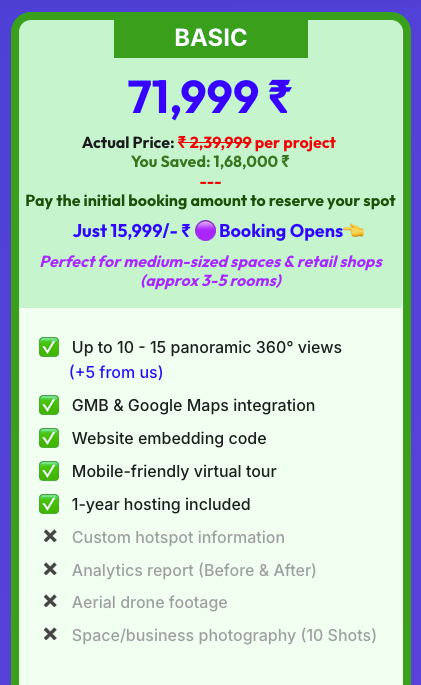 360° Virtual Tour Packages & Booking Options (Compare All 3 Core Packages, Pricing & Booking Options)